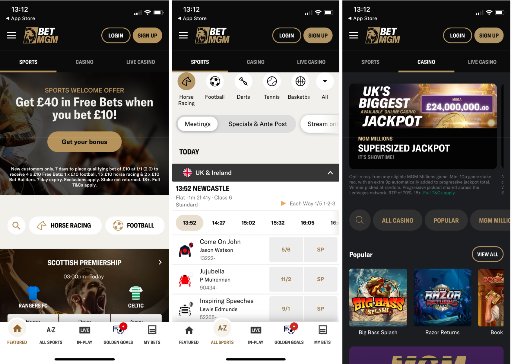 Screenshots from BetMGM's app, showing the homepage, main sports section and casino section